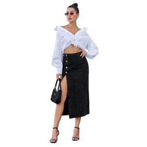 Irregular split denim high waist skirt